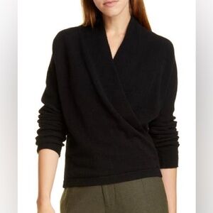 Vince cashmere wrap front sweater long sleeves, size large, black shawl collar